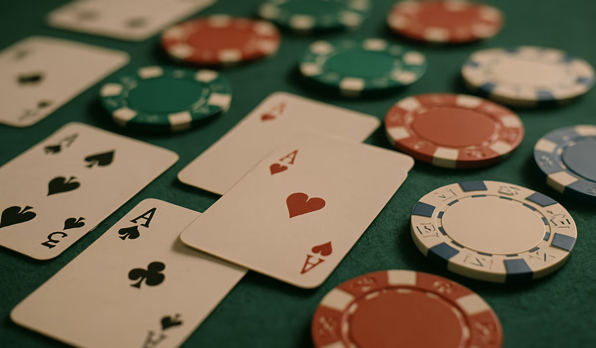 Carte da gioco e fiches da casinò su un tavolo con feltro